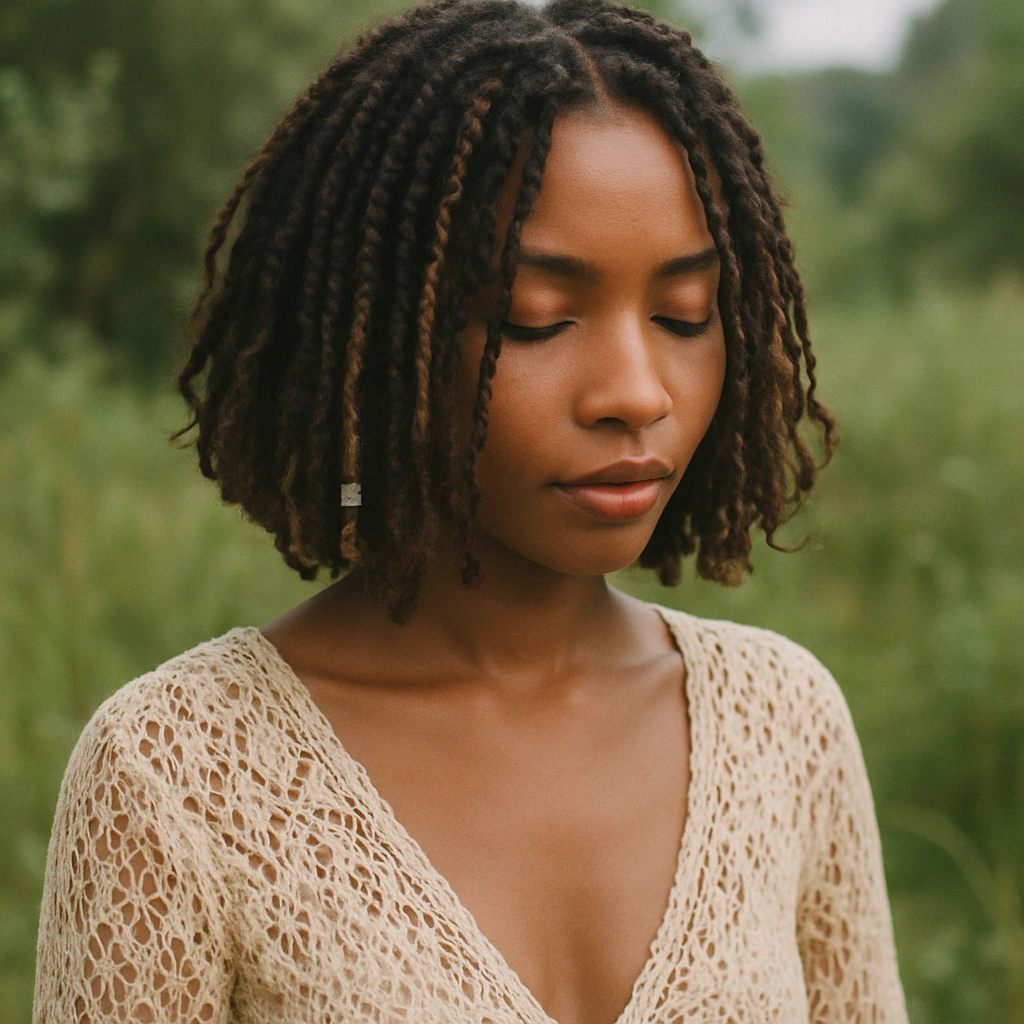 Woman with boho bob braids in a natural setting